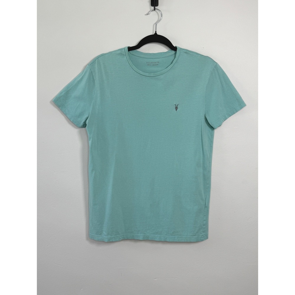 AllSaints Nic Tonic Crew T-Shirt Mens S Green Minimalist Ramskull Logo Casual
